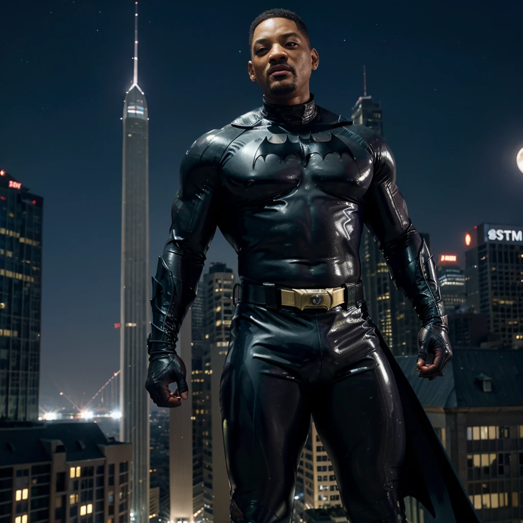 Will Smith wears a latex suit., DC Comics Batman, not wearing a mask, Ultra realistic images, 8k, better quality, muscle hero, There is a big moon on top of the building at night.
