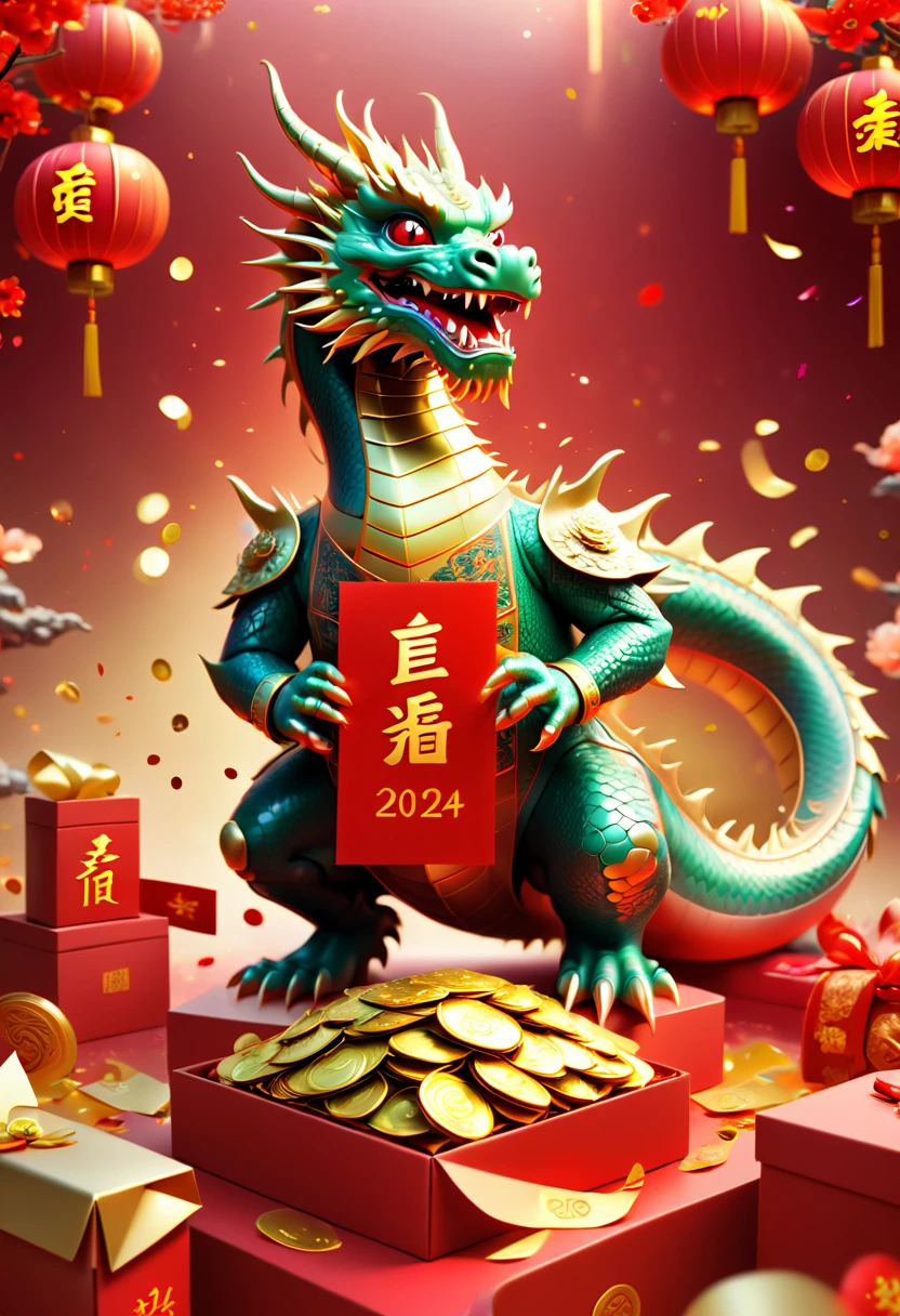 text "China", Chinese New Year "2024", dragon cub mascot, red clothes, Chinese bowing, spit out many golds, red envelopes, fireworks, confetti, strong festive atmosphere, Chinese elements, panoramic view, Ultra high saturation, (best quality, masterpiece, Representative work, official art, Professional, 8k)