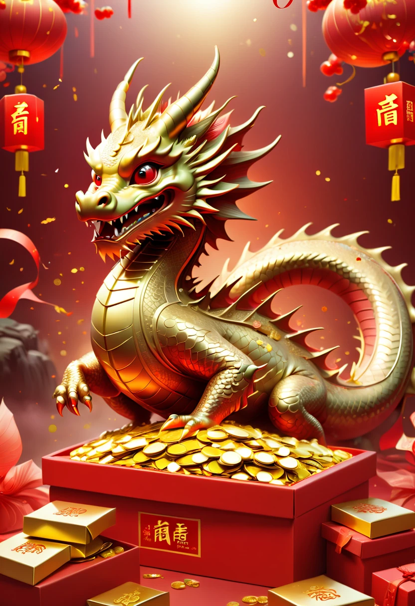 Chinese New Year, text "2024", dragon mascot, clothes, box of gold ingot, red envelopes, Chinese greeting, confetti, strong festive atmosphere, Chinese elements, panoramic view, Ultra high saturation, (best quality, masterpiece, Representative work, official art, Professional, 8k)