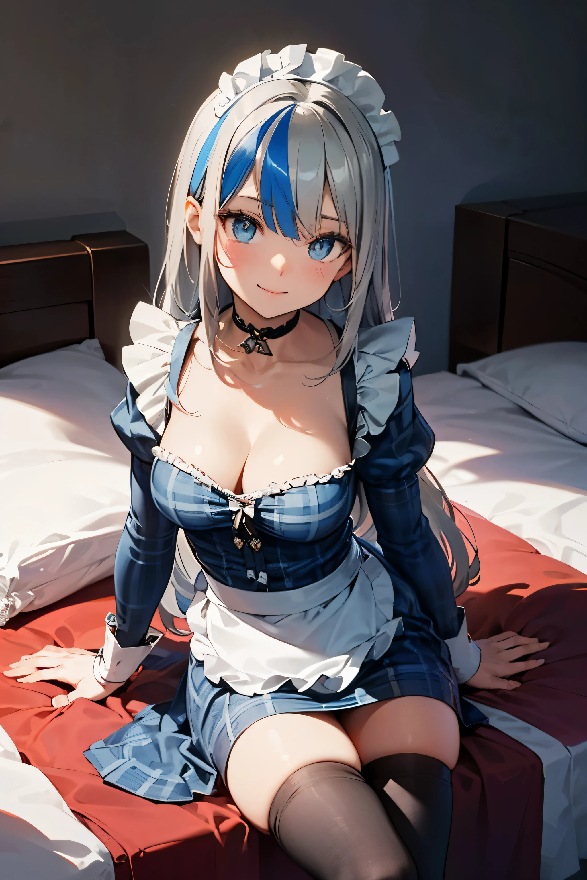 Super detailed, intricate details, very detailed and delicate:1.1,8k cg wallpaper, amazing art, figure:1.1, very detailed and beautiful, realistic, beautiful and clear background:1.25, Depth of bounds written:0.7, dynamic angle:1.2, light blue eyes, beautiful and fine eyes, At night, (((simple black thigh highs:1.4))), cute girl, girl, (silver hair:2.0), blue eyes, (cute body, body, young body) , ((From diagonally front:1.5)), (striped silver and blue hair:1.6), (((in the bedroom))), (((One side up long hair))), ((Bare neck)), ((choker)), (((pencil skirt:1.2))), ((long sleeve)), ((sitting, One side is on its knees)), (((glowing particles, glowing silver hair))), From diagonally above, (((blue plaid maid))), (blue gothic architecture), (blue gothic clothing), (cleavage), smile