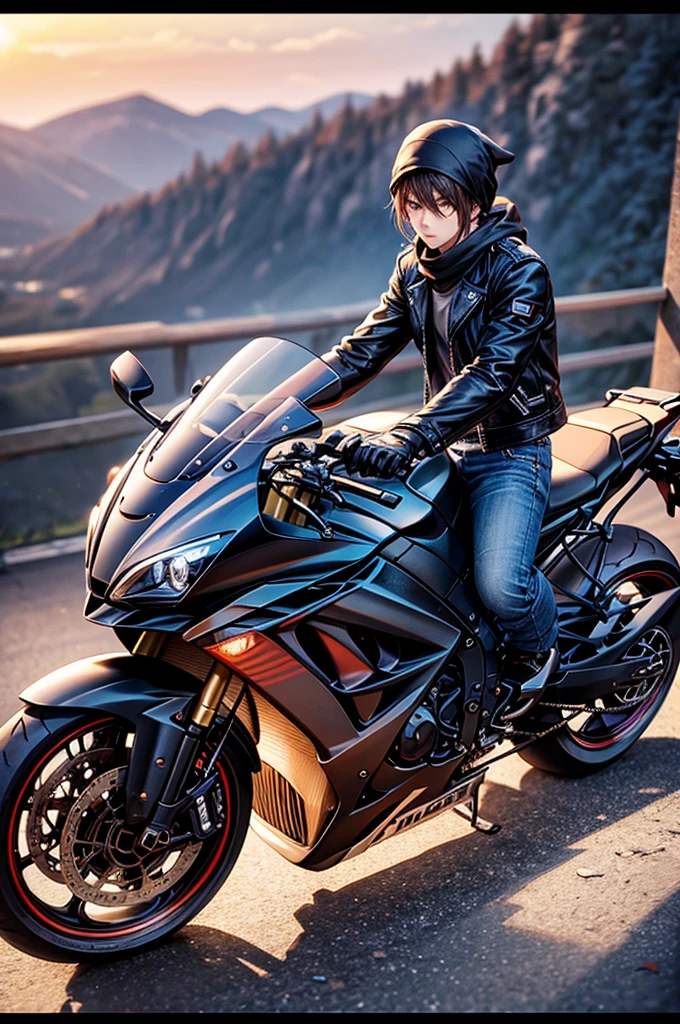 (masterpiece, best quality), 1boy, 20 years old, rider, (realism: 1.2), (anatomy: 0.8), (nfsw: 0.5), (leather jacket, side cuting, jeans, white shoes,  bandana), sitting on a bike kawasi ninja zx10r, rifal in hand, sunset in the background, wind in his hair, intense gaze, determined expression, blurred landscape in the distance, high resolution, vivid colors.