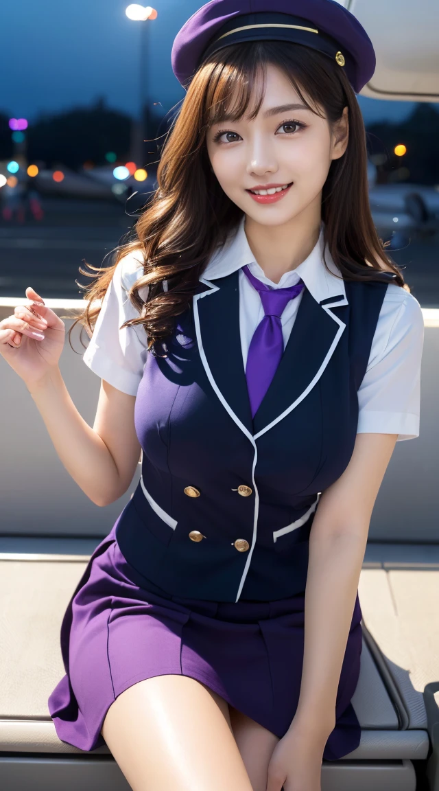 (((opened her legs apart、opened the legs apart)))、(((full body,including legs、sitting down,opened legs apart)))、(((perfect uniform of Japanese stewardess, perple uniform,necktie, purple vest-dress uniform、purple small hat, (black high-heel), little smile,white blouse,tight blouse、purple tight skirt))), white gloves, short gloves, high heel、(((transparant nipples,stands out nipples))),Dressed up、(Photo real:1.4)、(A hyper-realistic:1.4)、(Photorealistic:1.3)、 (gentle lighting: 1.05)、(Improve the lighting quality of your video:0.9)、32k、 1Girl、28years old girl、photorealistic lighting、Back lighting、Facial Lights、Ray Trace、(bright:1.2)、(Increase quality:1.4)、 (best quality real texture skin)、Fair eyes,Delicate and delicate face, Close-up of the breasts, white blouse,tight blouse,tight jump-skirt , (Bodyline mood improvement:1.1)、Glossy skin、wavy hair,blonde hair,韓国アイドル、乃木坂アイドル、Sculptural Idol Pose、little smile,blush,Beautiful actress、Neat woman,whole body, (((midium breasts,beautiful breasts))),(perfect row of teeth),slender waist and hip,beautiful long legull shot)、((8heads tall)、(((誘惑している、恥ずかしい)))、dynamic pose,gravure pose,(eye shadow),((red cheek、red lips)),Super Clean Night View、night time、blush,little smile,(((full shot)))、Super Clean Night View、night time、blush,little smile,(((in the air plane))),