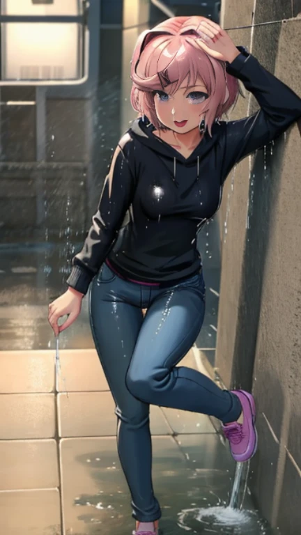 SoakingWetClothes, Masterpiece, highest quality, natsukiddlc, short hair, pink hair, hair ornament, black hoodie, black sweater, dark colored clothes, purple shirt, dark jeans, , accessories, night, soaking wet clothes, wet hair, wet body, wetlook, soaked, pouring rain, outside, running down the sidewalk, dripping wet, soaked clothes, wet clothes, wet fabric, soaking wet, small breasts, looking at camera, tongue out, mouth open, V sign, full body, shoes, breast grab,