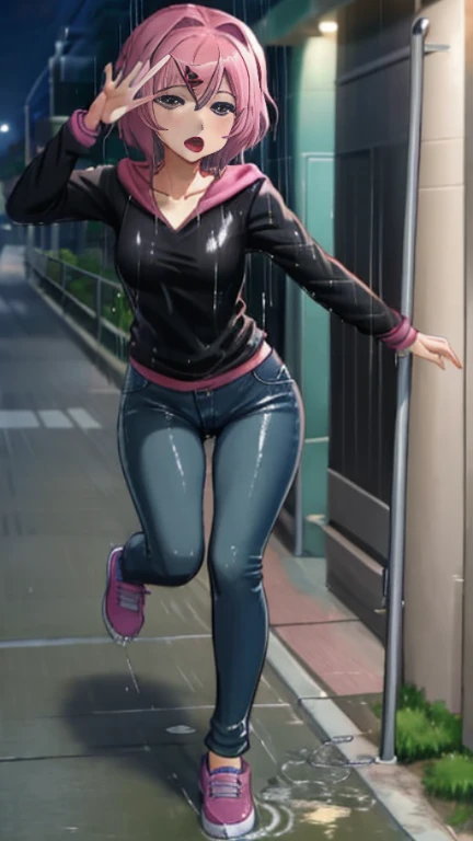 SoakingWetClothes, Masterpiece, highest quality, natsukiddlc, short hair, pink hair, hair ornament, black hoodie, black sweater, dark colored clothes, purple shirt, dark jeans, , accessories, night, soaking wet clothes, wet hair, wet body, wetlook, soaked, pouring rain, outside, running down the sidewalk, dripping wet, soaked clothes, wet clothes, wet fabric, soaking wet, small breasts, looking at camera, tongue out, mouth open, V sign, full body, shoes, breast grab,