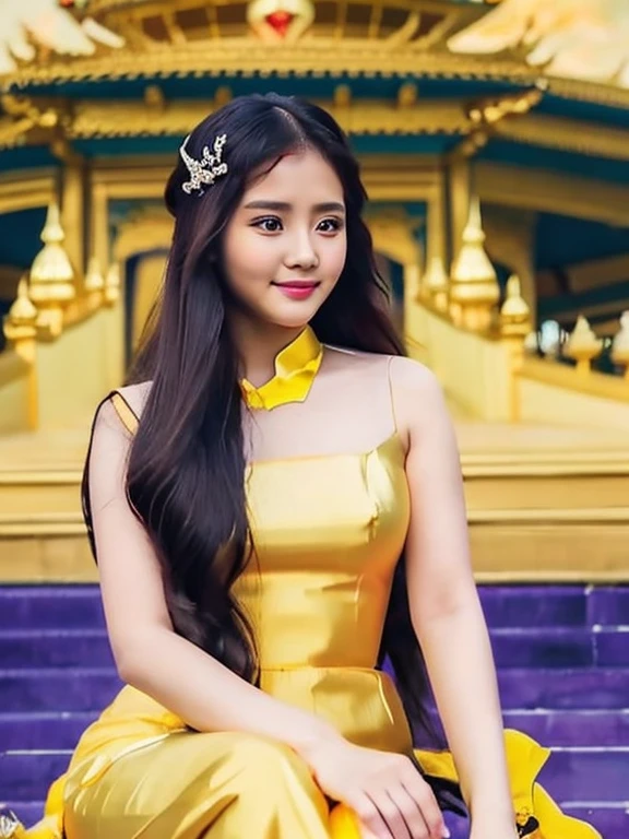 masterpiece, best quality, girl, solo, ((mature female)),, long hair, hair, princess,(upper yellow lower purple) silk dress black dress(dress) (golden dress) fantasy, happy, looking at viewer, cartoon, anime, (oil painting)Burmese girl, 18 years old, Bagan pagoda view background, clear Hd 8k