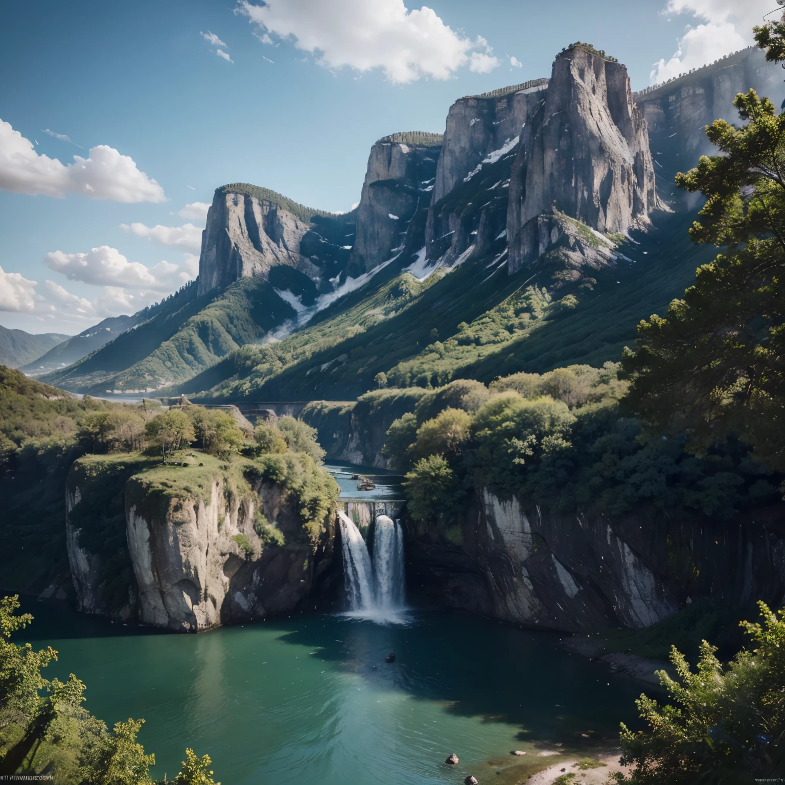 Masterpiece, best quality, high quality, extremely detailed CG unity 8k wallpaper, landscape, outdoor, sky, cloud, sky, no humans, mountain, landscape, water, tree, blue sky, waterfall, cliff, nature, lake, river , cloudy skies, award winning photography, bokeh, depth of field, HDR, bloom, chromatic aberration, photorealism, very detailed, trending on artstation, trending on CGsociety, intricate, high detail, dramatic, 

