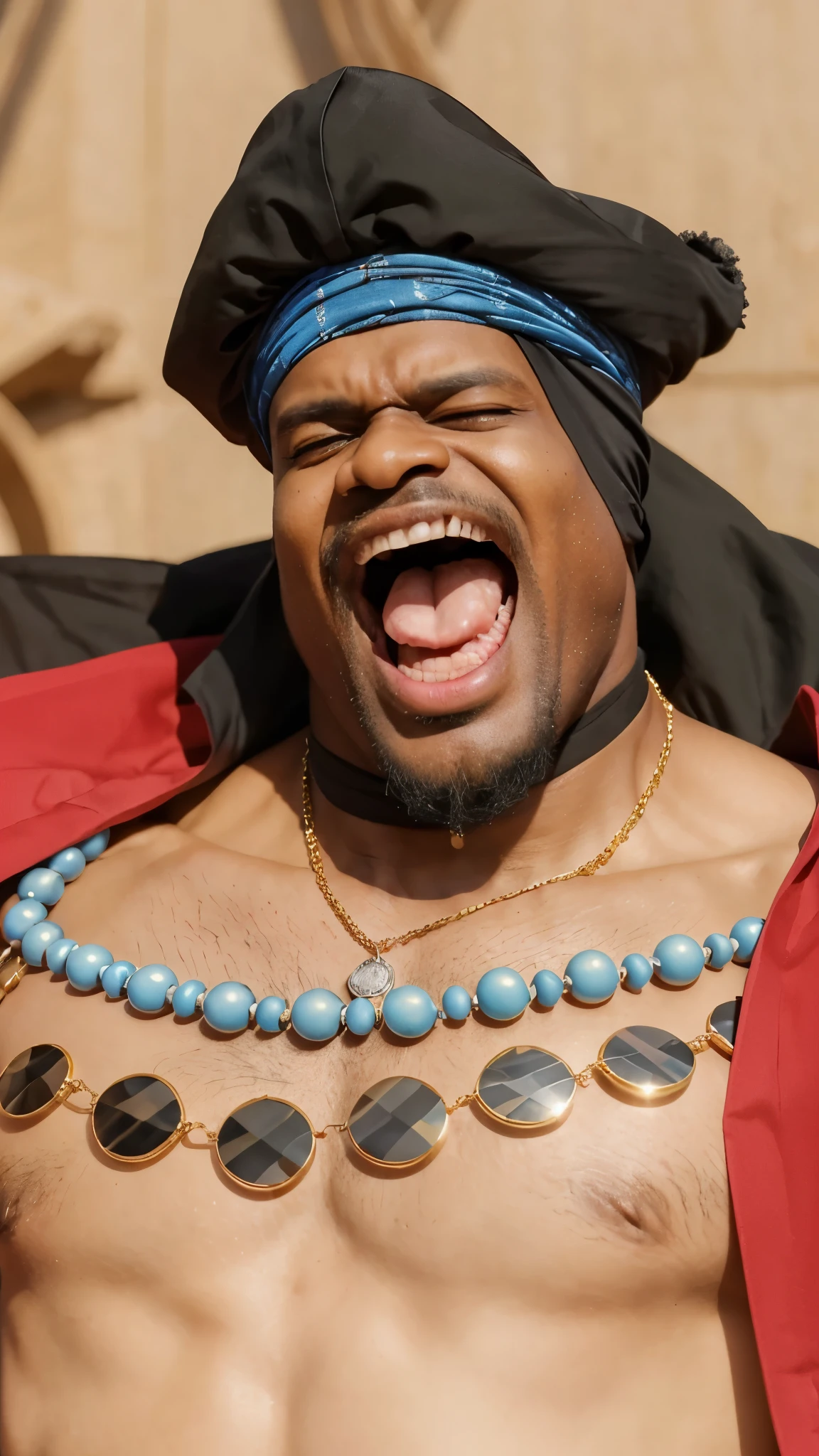 (masterpiece), (realistic), (ultra detailed), ( high reest quality), (photorealistic), (perfect face), (perfect anatomy), (((man))), (((male))), solo, (((Somali people))), (((40 years old))), Marshall D. Teach from one piece, Marshall D. Teach, one piece, wearing a black bandana with a light blue bandana tie, long curly hair, wearing a black robe, black beard, wearing a necklace accessory, His mouth was wide open