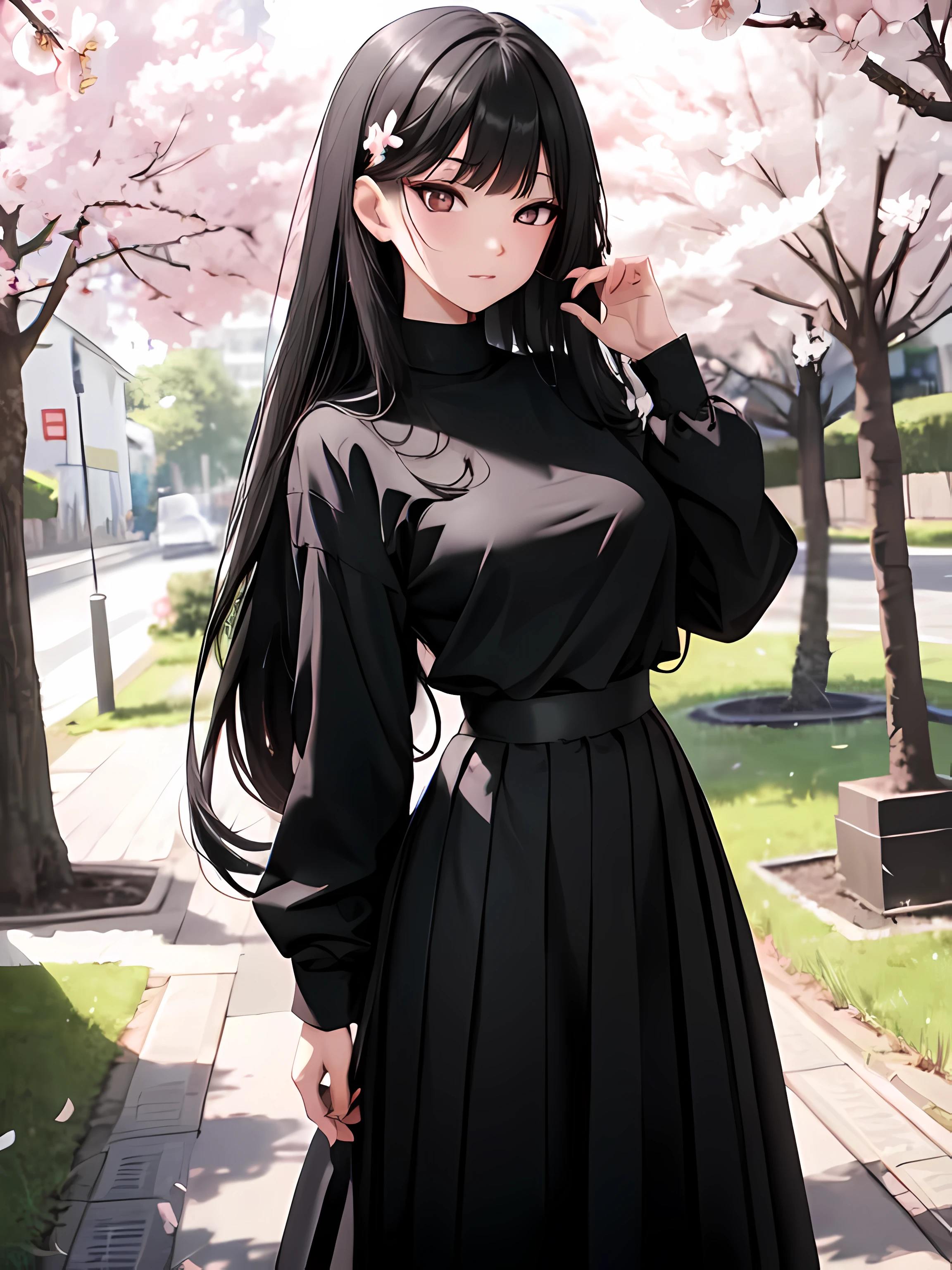 long hair, black hair, Rio, cherry blossom trees in background, wearing plain black shirt, long skirt, absurdres, high res, ultrasharp, 8K, masterpiece, sharp detailed black eyes, medium breast