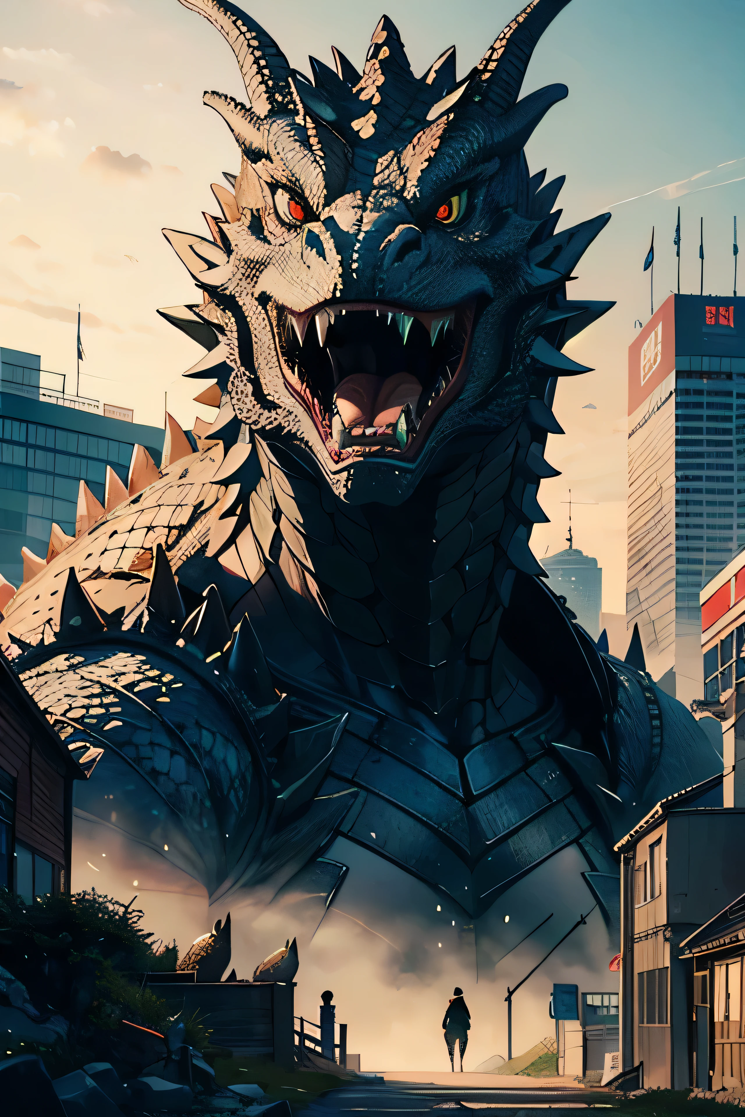 ((best quality)), ((masterpiece)), (detailed), extrem realistic dragon head, gozilla dragon face, calm dragon face, straight looking giant dragon face, dragon like godzilla watching to us, very large dragon face only,