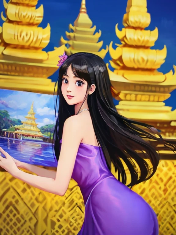 masterpiece, best quality, girl, solo, ((mature female)),, long hair, hair, princess,(upper yellow lower purple) silk dress black dress(dress) (golden dress) fantasy, happy, looking at viewer, cartoon, anime, (oil painting)Burmese girl, 18 years old, Bagan pagoda view background, clear Hd 8k