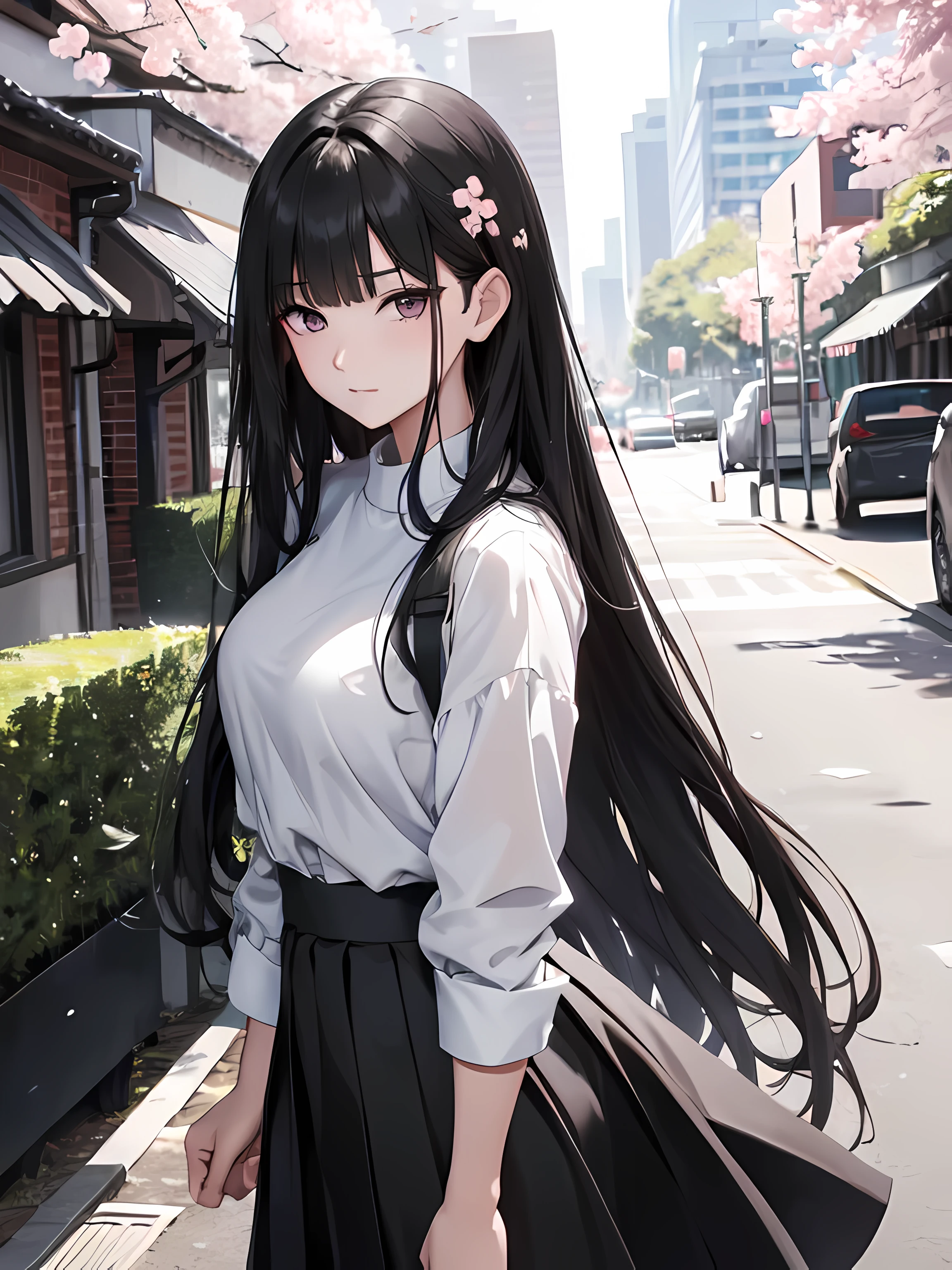 long hair, black hair, Rio, cherry blossom trees in background, wearing plain black shirt, long skirt, absurdres, high res, ultrasharp, 8K, masterpiece, sharp detailed black eyes, medium breast