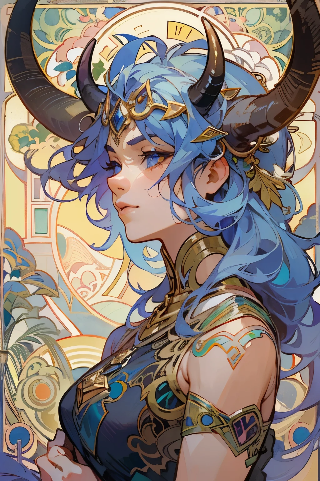 masterpiece, best quality, extremely delicate and beautiful, ultra-detailed, 1girl, ((short aqua hair)), demon, ((mature, woman)), yellow eyes, black horns, full body, stars, galaxy, detailed background, velvet, brocade, embroidery, jewels, floating hair, cinematic light, posed body, mystical, detailed_eye, face, detailed eyes