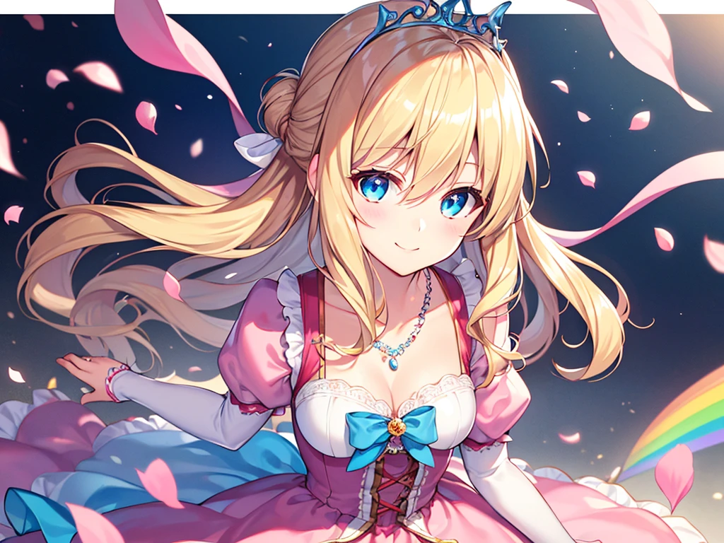 photo realistic, (masterpiece,best quality:1.4),(8k,raw photo,photo realistic:1.2), detailed skin, detailed face,1girl, Princess, cute face, , Not Safe for Work, (raw photo, photo realistic: 1.2), (((half updo))), blue eyes, (blonde hair), light smile, shiny wavy hair, sidelock, curtsey, (Pink ballgown), Pink Princess doress, shortsleeves, a smile, red blush, Doress, Hair Between Eyes, White Panties Hose, ((Blue the Bow)), Puffy Sleeves, Bangss, (tiara), (necklace), (bridal gauntlets), foot out of frame, frilld, : q, masterpiece, top-quality, not safe for work, 14-yo, braided bangs, yumekawa,yumekawaii,pastel color, rainbow background,petals,