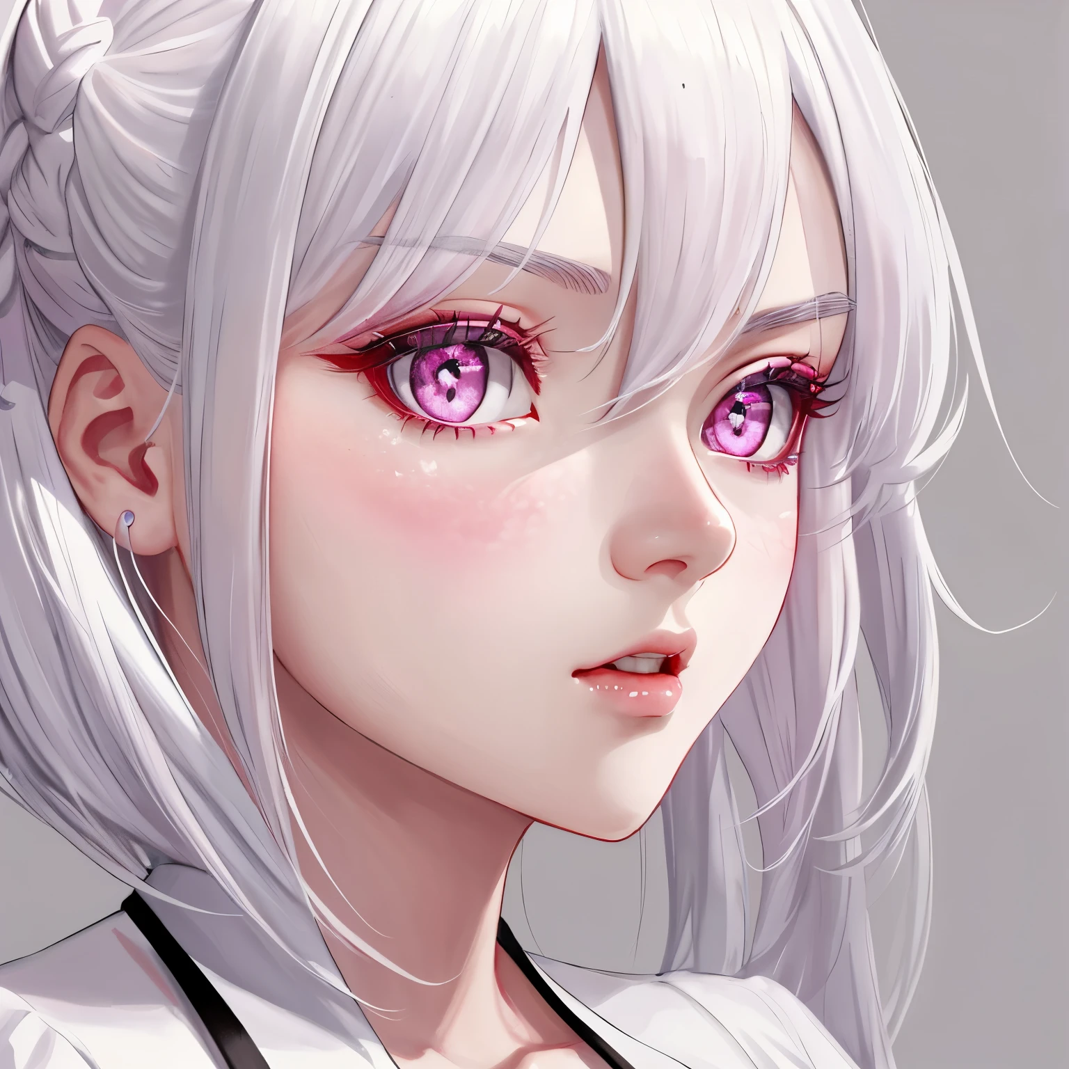 (masterpiece), (best quality), (max detail:0.8), beautiful, 1girl, white hair, pink eyes, Extreme Close-up focus, side view, opened mouth, passionate