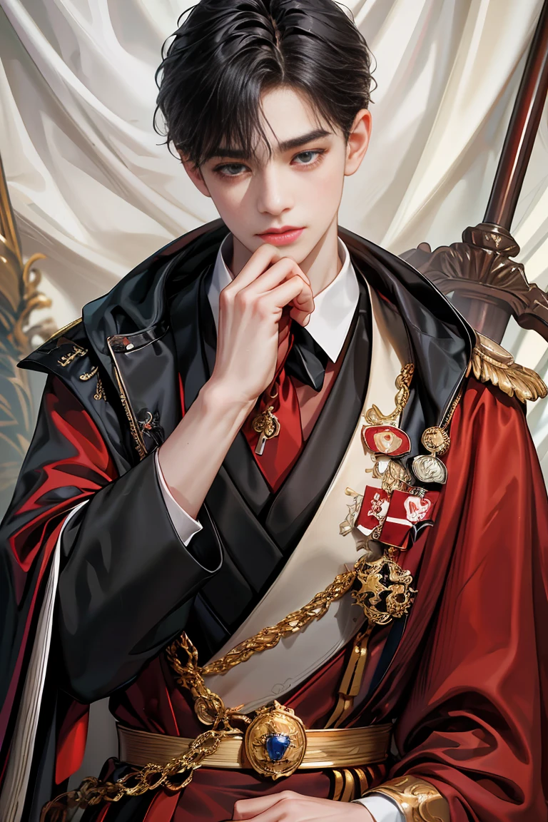 
masterpiece, 最high quality, high quality, 1 boy, alone, male focus, looking at the viewer, whole body, Winning spirit_destiny, Dirty black hair, blue adorable big eyes, white people, Noble, Noble, Noble的な吸血鬼、classy tuxedo,It has a really big collar、A very large and long red and black cloak, 17 years old,cute beautiful boy,cute cute crying face