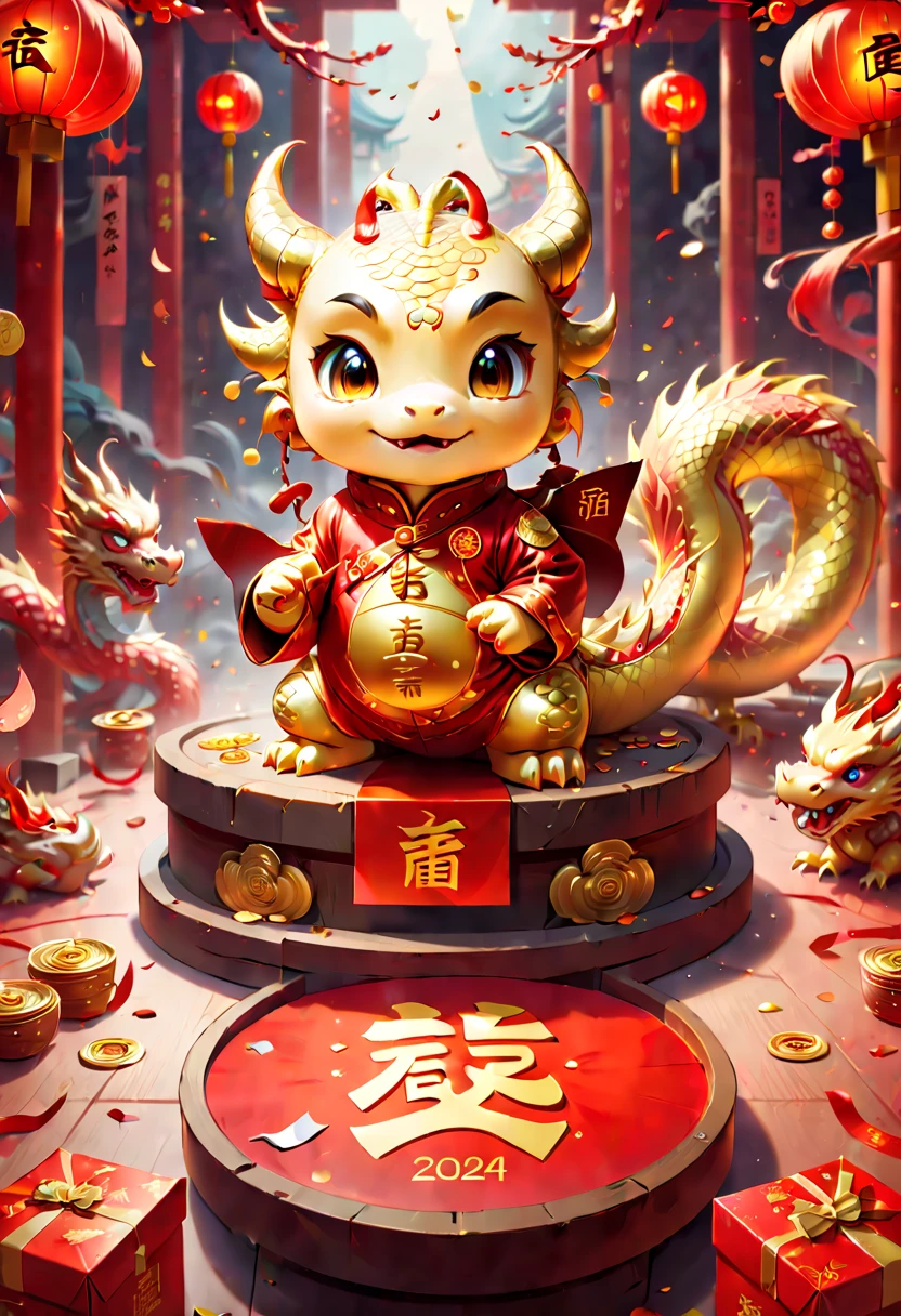 text "China", Chinese New Year "2024", dragon cub mascot, Tang suit, box of gold, red envelopes, Chinese greeting, bowing, confetti, strong festive atmosphere, Chinese elements, panoramic view, Ultra high saturation, (best quality, masterpiece, Representative work, official art, Professional, 8k)