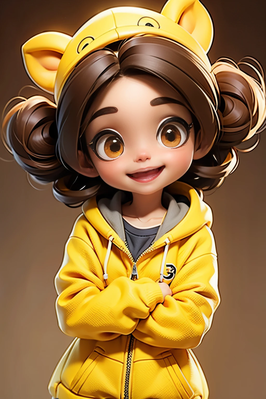 A laughing girl, big eyes, brown eyes, brown hairs, Yellow hoodie, gray backdrop, cute, hot, 3d