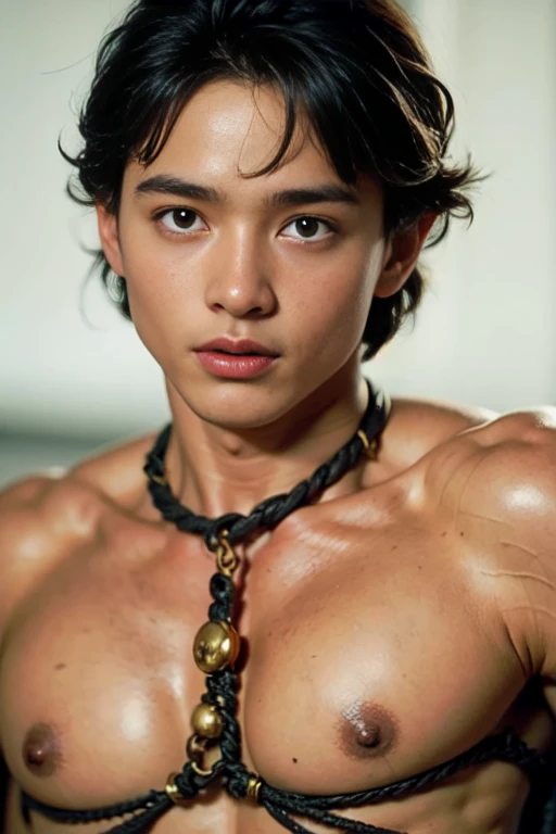 hyper realistic oil painting of a male, age 18, handsome indonesian men, face [Rangga aadc: zayyan xodiac: 0.5], wear rope harness, two large wings, [by Alphonse Mucha: john william waterhouse: Charles Dana Gibson: charlie bowater: 0.6], natural red lips, small moustache, fierce look, fit body, bare chest, detailed face, detailed physique, abdominal muscles, well built bodybuilder, macho, oily body, detailed feathers, wear gold head band, gold shoulder band, gold necklace, gold crown, wear g-string, hair bund, long-haired, Real texture, sarong batik, sharp focus, highly detailed, artstation, cgsociety, bokeh background in the pond garden full of rose flower, decorative art deco, symmetrical, acurate, 16, rococo style, character design, cinematic lighting, drop shadow, blending, backlighting, glowing light, sparkle, depth of field, reflection light, high detail, best quality, masterpiece, super detail, high details, uhd, highres, textured skin, anatomically correct, award winning,