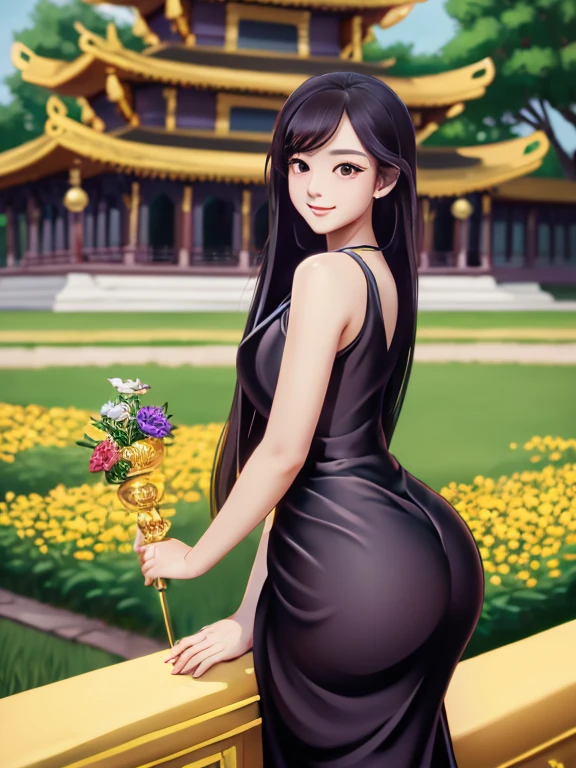 masterpiece, best quality, girl, solo, ((mature female)),, long hair, hair, princess, black dress(dress) (golden dress) fantasy, happy, looking at viewer, cartoon, anime, (oil painting)Burmese girl, 18 years old, Bagan pagoda view background, clear Hd 8k