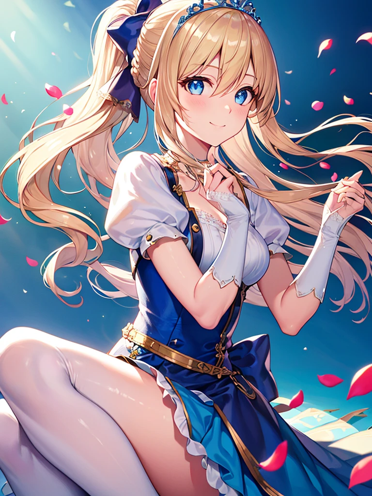 photo realistic, (masterpiece,best quality:1.4),(8k,raw photo,photo realistic:1.2), detailed skin, detailed face,1girl, Princess, cute face, , Not Safe for Work, (raw photo, photo realistic: 1.2), (((half updo))), blue eyes, (blonde hair), light smile, shiny wavy hair, sidelock,(ballgown), Princess doress, shortsleeves, a smile, red blush, Doress, Hair Between Eyes, White Panties Hose, ((Blue the Bow)), Puffy Sleeves, Bangss, (tiara), (necklace), (bridal gauntlets), foot out of frame, frilld, : q, masterpiece, top-quality, not safe for work, -yo, braided bangs, yumekawa,yumekawaii,pastel color, rainbow background,petals,