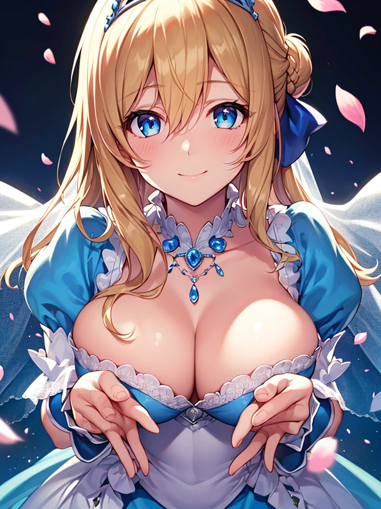 photo realistic, (masterpiece,best quality:1.4),(8k,raw photo,photo realistic:1.2), detailed skin, detailed face,1girl, Princess, cute face, , Not Safe for Work, (raw photo, photo realistic: 1.2), (((half updo))), blue eyes, (blonde hair), light smile, shiny wavy hair, sidelock,(ballgown), Princess doress, shortsleeves, a smile, red blush, Doress, Hair Between Eyes, White Panties Hose, ((Blue the Bow)), Puffy Sleeves, Bangss, (tiara), (necklace), (bridal gauntlets), foot out of frame, frilld, : q, masterpiece, top-quality, not safe for work, -yo, braided bangs, yumekawa,yumekawaii,pastel color, rainbow background,petals,