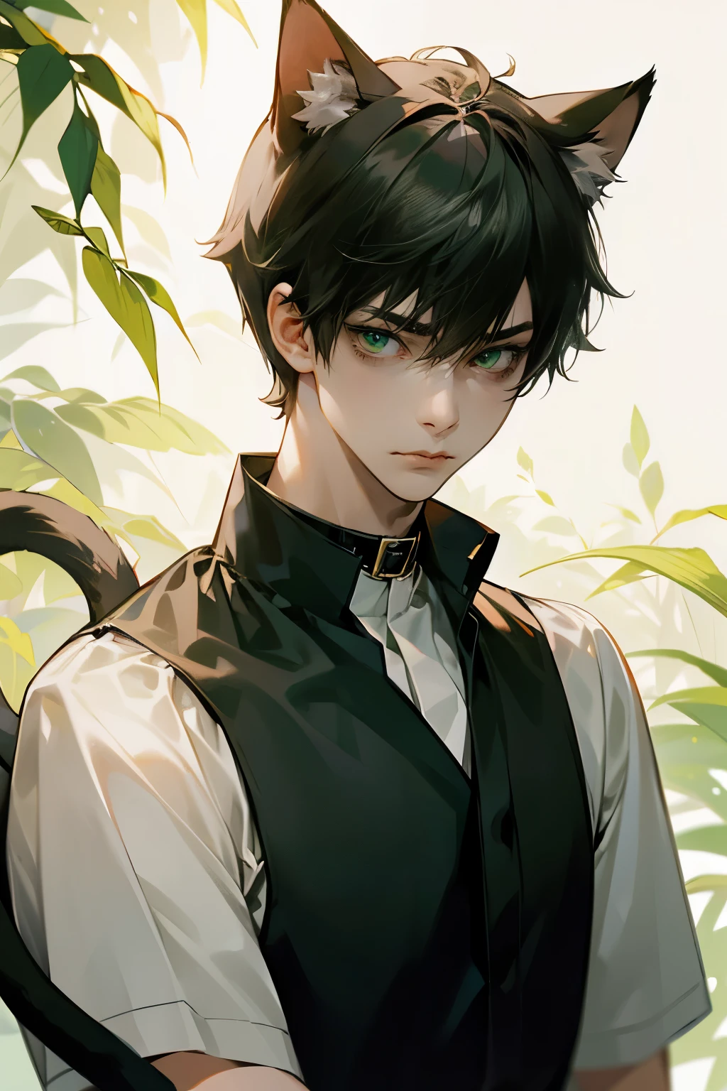1boy, upper body, black short hair, cat boy, personification, cat ears, green eyes, cat tail, serious expression, sanpaku, cat collar around neck, soft light, 8K, masterpiece, looking at viewer, pixiv