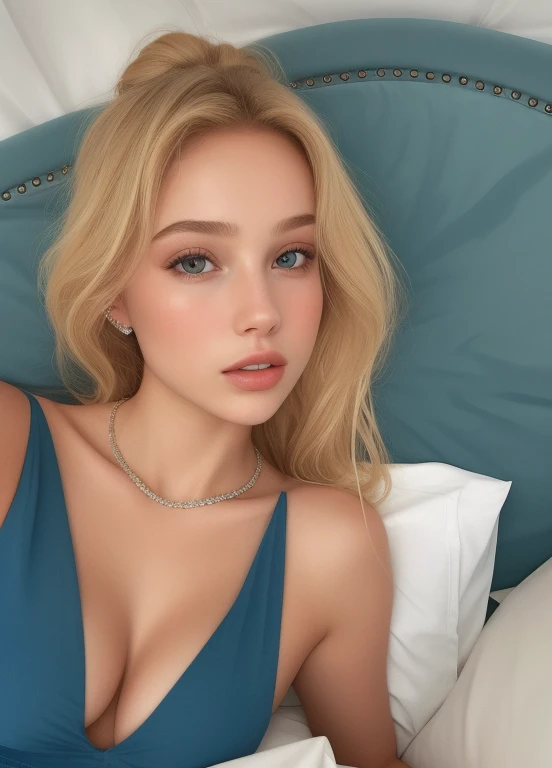 blonde woman in blue dress lying in bed with white sheets, Retrato de Sophie Mudd, sydney sweeney, Yelena Belova, anastasia ovchinnikova, hermosa dama, Angelina Stroganova, Victoria Gavrilenko, julia gorokhova, Dasha Taran, 18 years, muy bonita modelo, hermosa modelo, hermosa joven modelo