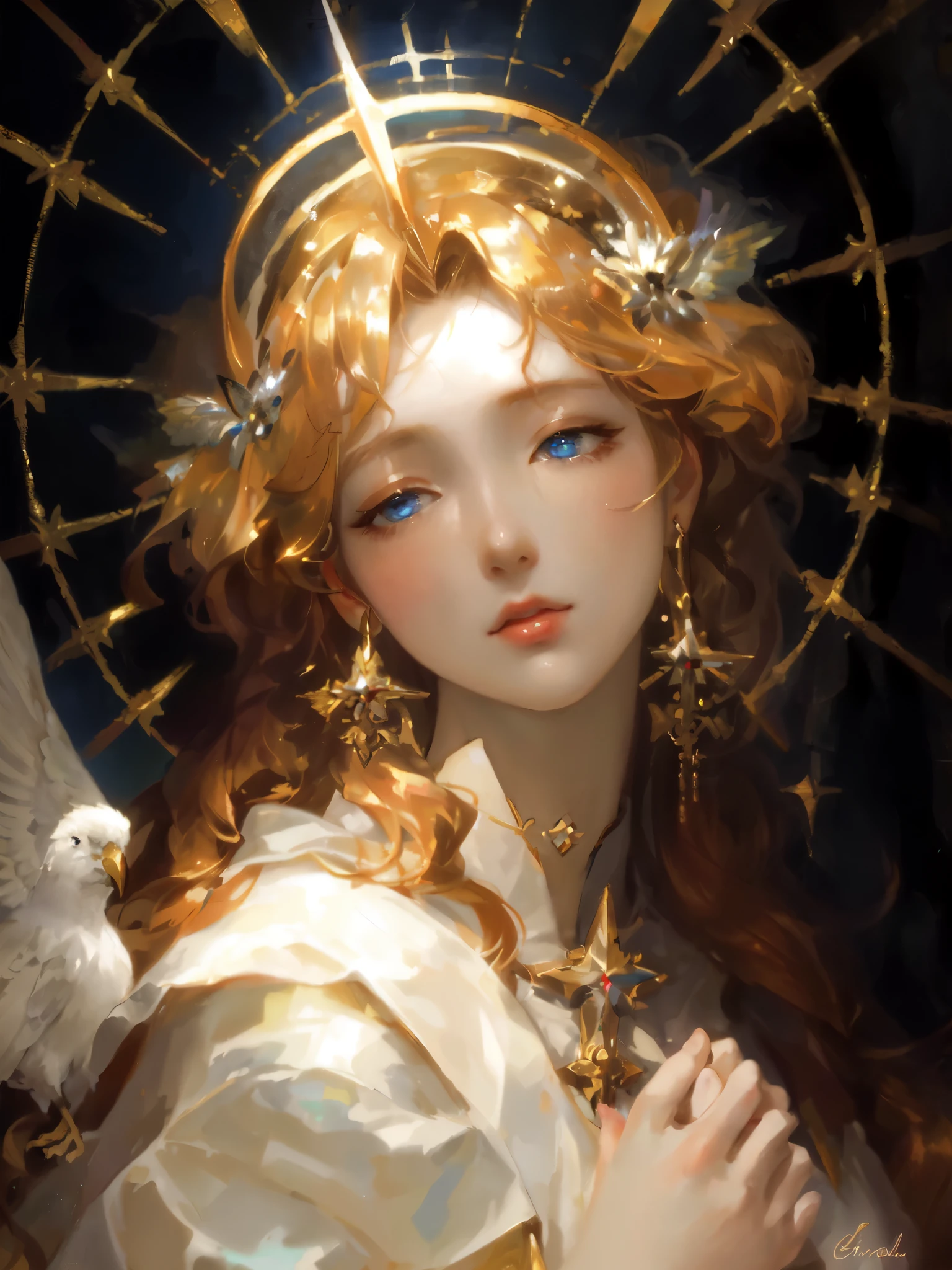 A hand holding a bird、Painting of woman with halo on head, Gurwitz Masterpiece, guweiz, guweiz on pixiv artstation, guweiz style artwork, guweiz on artstation pixiv, art of Wallop, Wallop |, Wallop art, Portrait of a beautiful angel，beautiful light blue eyes，pale skin，red lips，Nice blonde