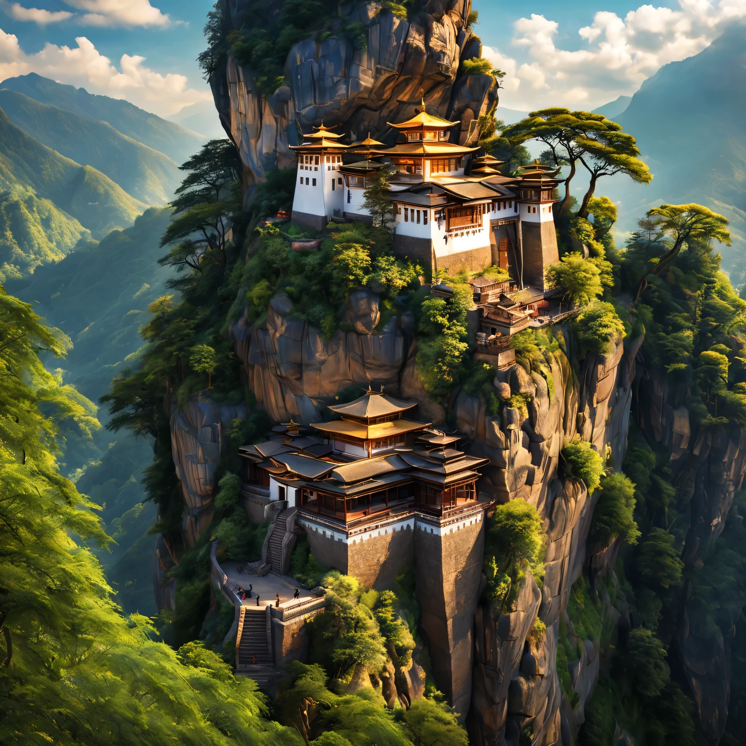 A beautiful hanging temple, beautiful view, grandiose buildings, peaceful atmosphere, Ancient and mysterious, Surrounded by lush green mountains, hanging precariously on a cliff, serenity and calm, Overlooking the stunning valley, Clouds float gently, Golden sunlight illuminates the temple, The breeze rustled the leaves, majestic, Embrace the harmony of nature, intricate details, bright colors, masterful brushstrokes, Capture the essence of tranquility, Surreal and dreamy, Blending past and present, Magical and charming scenery, Ethereal and otherworldly atmosphere, Hidden gem in the mountains, Proof of human ingenuity and spirituality, A place of pilgrimage and contemplation, Time stands still in this idyllic sanctuary, A feast for the eyes and soul. (best quality,4K,8k,high resolution,masterpiece:1.2),Super detailed,(actual,photoactual,photo-actual:1.37),human development report,ultra high definition,studio lighting,Ultra-fine painting,sharp focus,Physically based rendering,extremely detailed description,professional,bright colors,Bokeh,landscape
