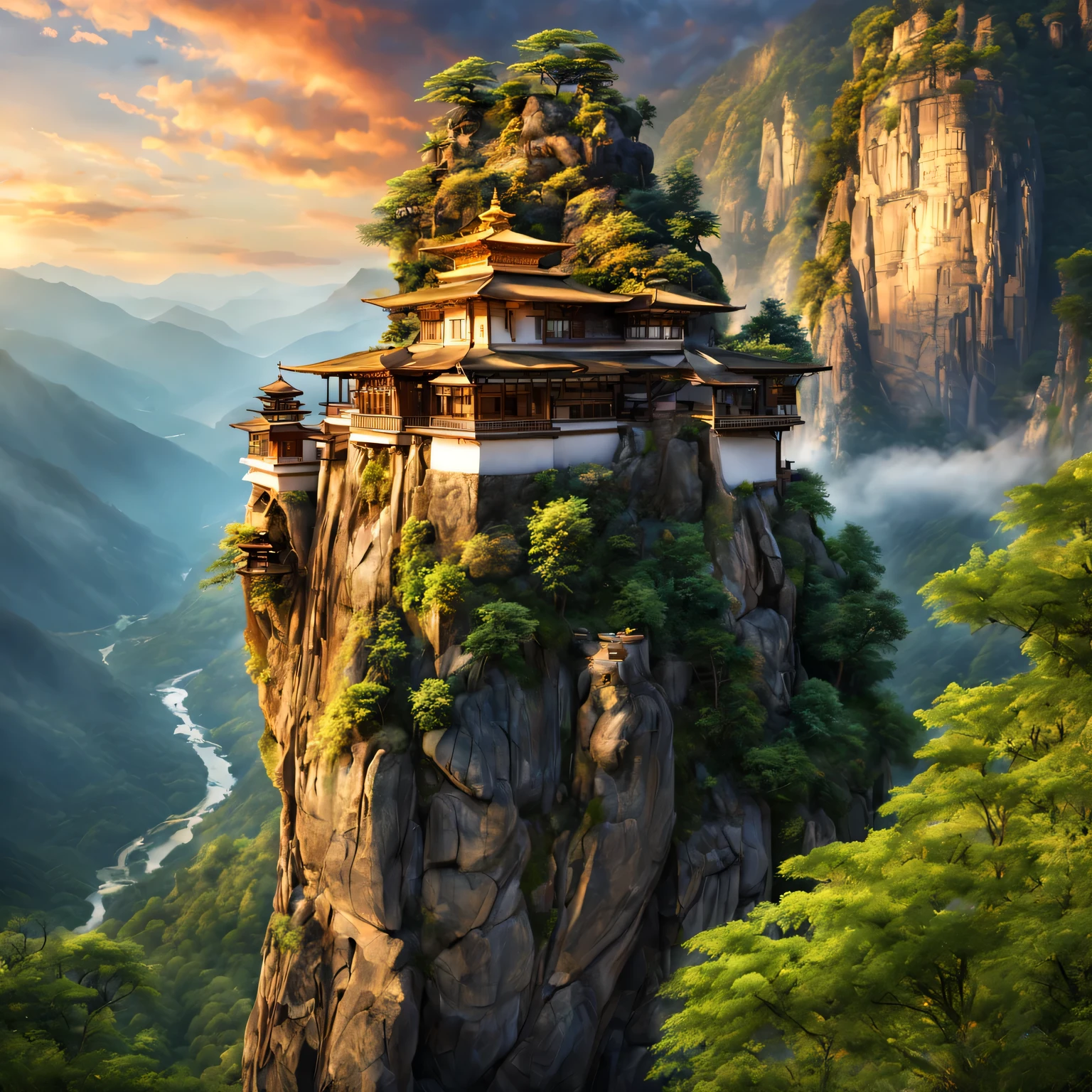 A beautiful hanging temple, beautiful view, grandiose buildings, peaceful atmosphere, Ancient and mysterious, Surrounded by lush green mountains, hanging precariously on a cliff, serenity and calm, Overlooking the stunning valley, Clouds float gently, Golden sunlight illuminates the temple, The breeze rustled the leaves, majestic, Embrace the harmony of nature, intricate details, bright colors, masterful brushstrokes, Capture the essence of tranquility, Surreal and dreamy, Blending past and present, Magical and charming scenery, Ethereal and otherworldly atmosphere, Hidden gem in the mountains, Proof of human ingenuity and spirituality, A place of pilgrimage and contemplation, Time stands still in this idyllic sanctuary, A feast for the eyes and soul. (best quality,4K,8k,high resolution,masterpiece:1.2),Super detailed,(actual,photoactual,photo-actual:1.37),human development report,ultra high definition,studio lighting,Ultra-fine painting,sharp focus,Physically based rendering,extremely detailed description,professional,bright colors,Bokeh,landscape