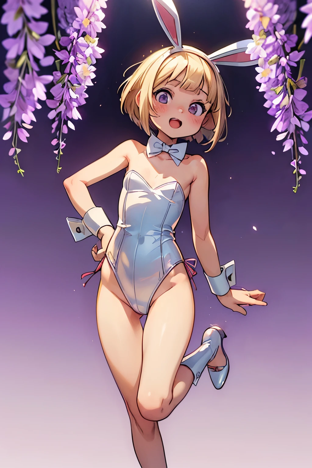 ((Masterpiece)), ((best quality)), (super detailed), (Professional Photography), (Photorealsitic:1.3), full body, 1girl, solo, flat body, look at viewer, (playboy_bunny:1.3), (simple background), clear face, blunt bangs, messy hair, short hair, blonde hair, bob cut, blush, shame, embarrass, smile, open mouth, (in purple wisteria flowers),