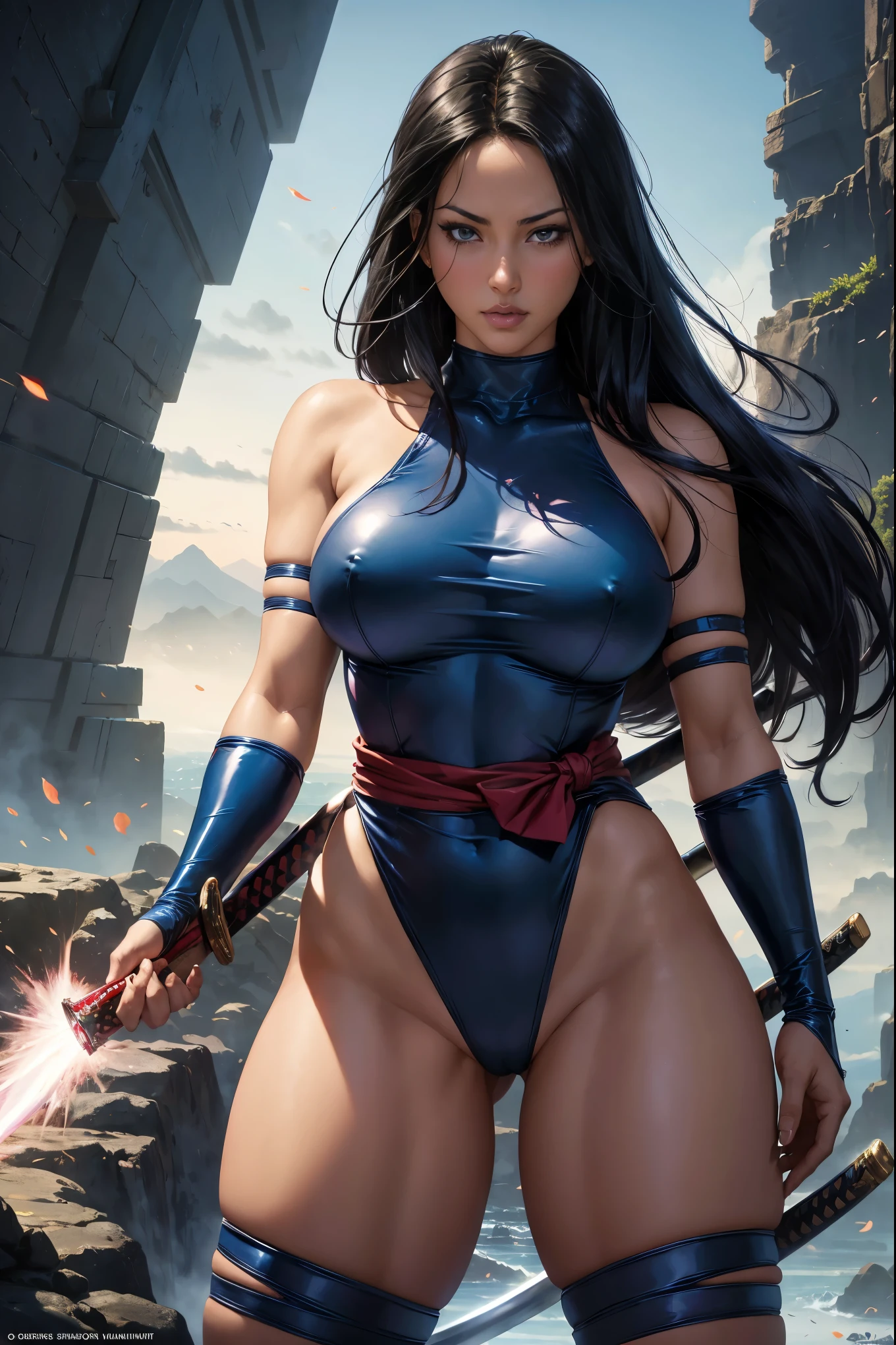 Art image of Olivia Munn as Psylocke, busty, beautiful, dark blue costume with red sash at her waist, katana in hand, black hair, large breasts, by Louis Royo, Boris Vallejo, J. Scott Campbell, extreme focus, sharp details, sexy, oily skin