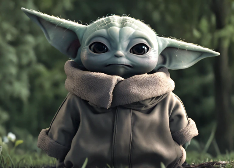Cute 3D cartoon (baby_yodah) standing in the woods, The art of math, high resolution, Very detailed, best quality, Star Wars,