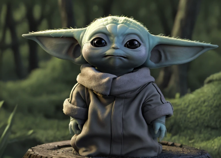 Cute 3D cartoon (baby_yodah) standing in the woods, The art of math, high resolution, Very detailed, best quality, Star Wars, 