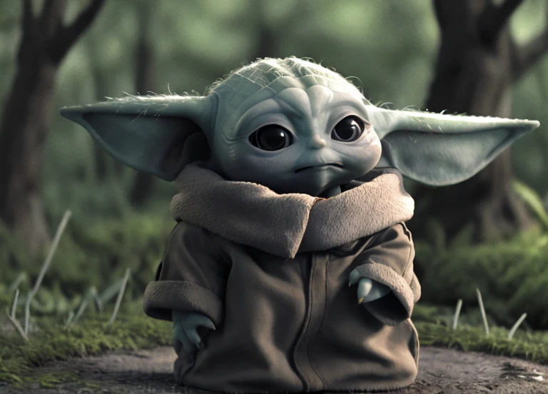 Cute 3D cartoon (baby_yodah) standing in the woods, The art of math, high resolution, Very detailed, best quality, Star Wars,