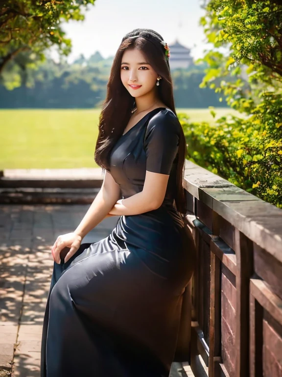 masterpiece, best quality, girl, solo, ((mature female)),, long hair, hair, princess, black dress(dress) (golden dress) fantasy, happy, looking at viewer, cartoon, anime, (oil painting)Burmese girl, 18 years old, Bagan pagoda view background, clear Hd 8k