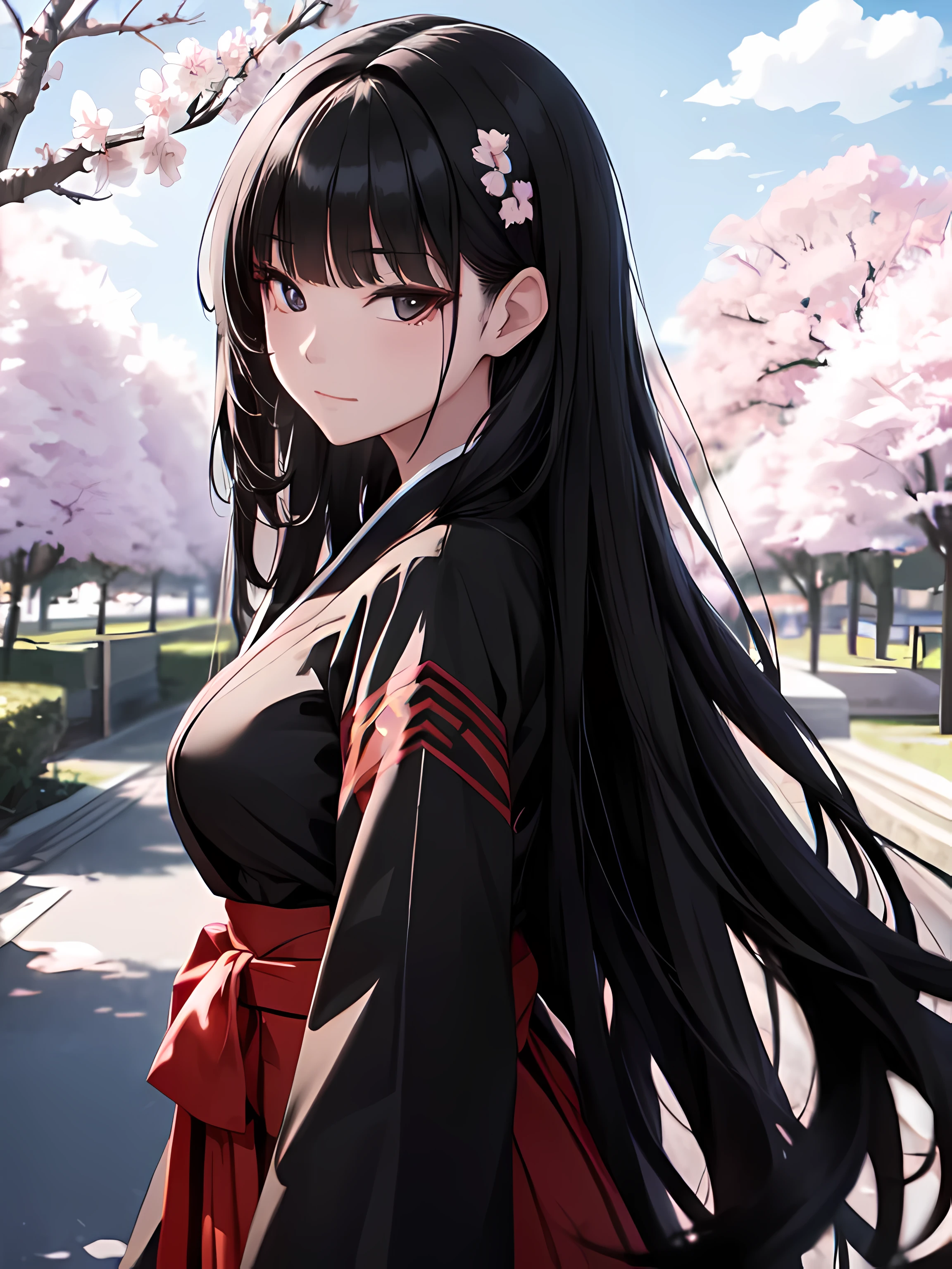 long hair, black hair, Rio, cherry blossom trees in background, wearing black hakama, absurdres, high res, ultrasharp, 8K, masterpiece, sharp detailed black eyes, medium breast