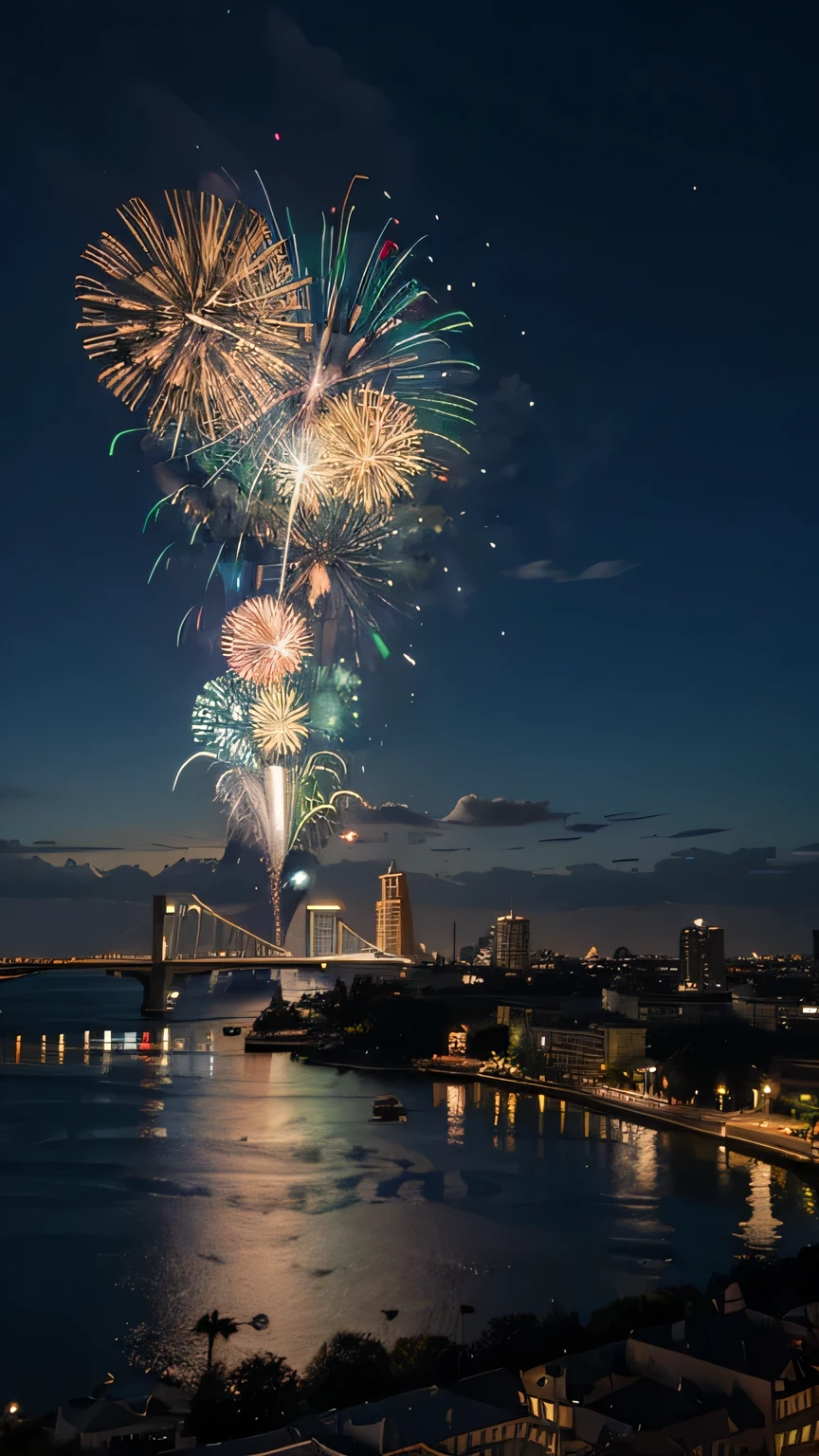 Wide-angle illustration of fireworks display in the city center
