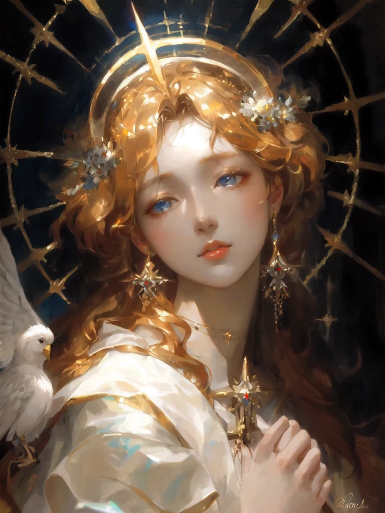 holding a bird in one hand、Drawing of woman with halo on head, Gurwitz Masterpiece, guweiz, guweiz on pixiv artstation, Gurwitz style artwork, guweiz on artstation pixiv, art of Wallop, Wallop |, Wallop art, Portrait of a beautiful angel,Beautiful light blue eyes,pale skin,red lips,Pretty blonde