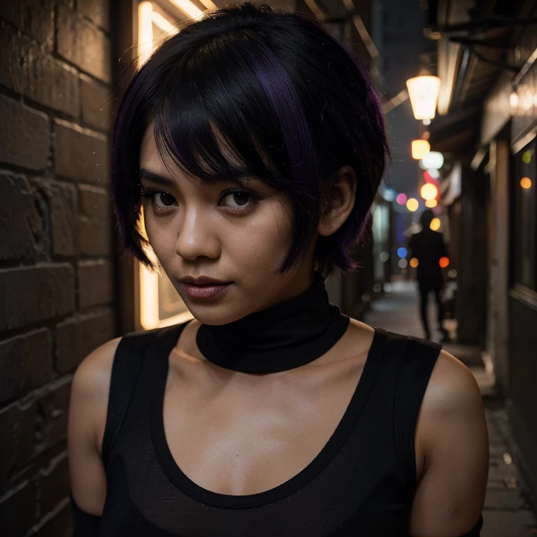 A short-haired Indonesian girl with blackish-purple hair, slightly plump, donning a tight Spider-Man costume without a mask. The sharp gaze and seductive expression create a mysterious atmosphere. The backdrop is in a dimly lit alley, illuminated by a subdued glow, adding a dramatic touch. All of this is captured in hyper-realistic HD 4K resolution, highlighting the incredibly sharp details of this unique character.