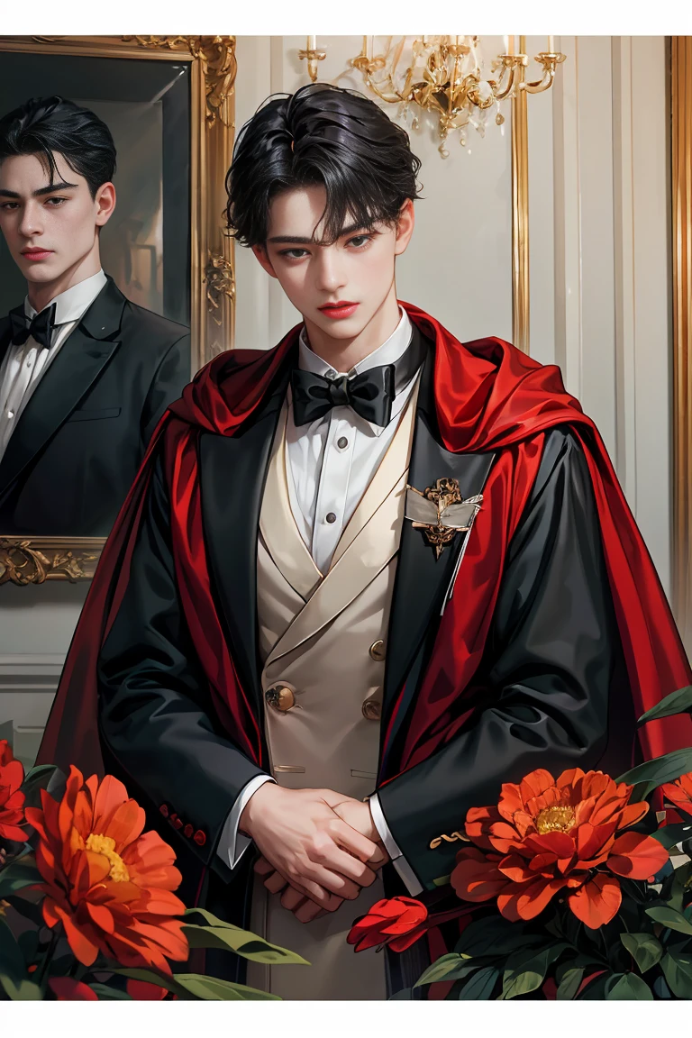 masterpiece, 最high quality, high quality, 1 boy, alone, male focus, looking at the viewer, whole body, Winning spirit_destiny, Dirty black hair, blue adorable big eyes, white people, Noble, Noble, Noble的な吸血鬼、classy tuxedo,It has a really big collar、A very large and long red and black cloak, 17 years old,cute beautiful boy,cute cute look up