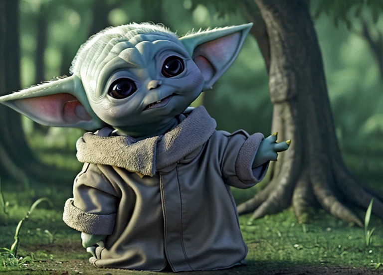 (baby Yoda, adorable, cartoon, standing, in a forest, digital art, high resolution, ultra-detailed, best quality, Star Wars)
