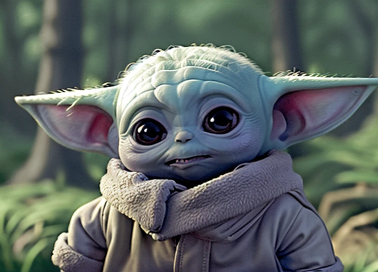 (baby Yoda, adorable, cartoon, standing, in a forest, digital art, high resolution, ultra-detailed, best quality, Star Wars)