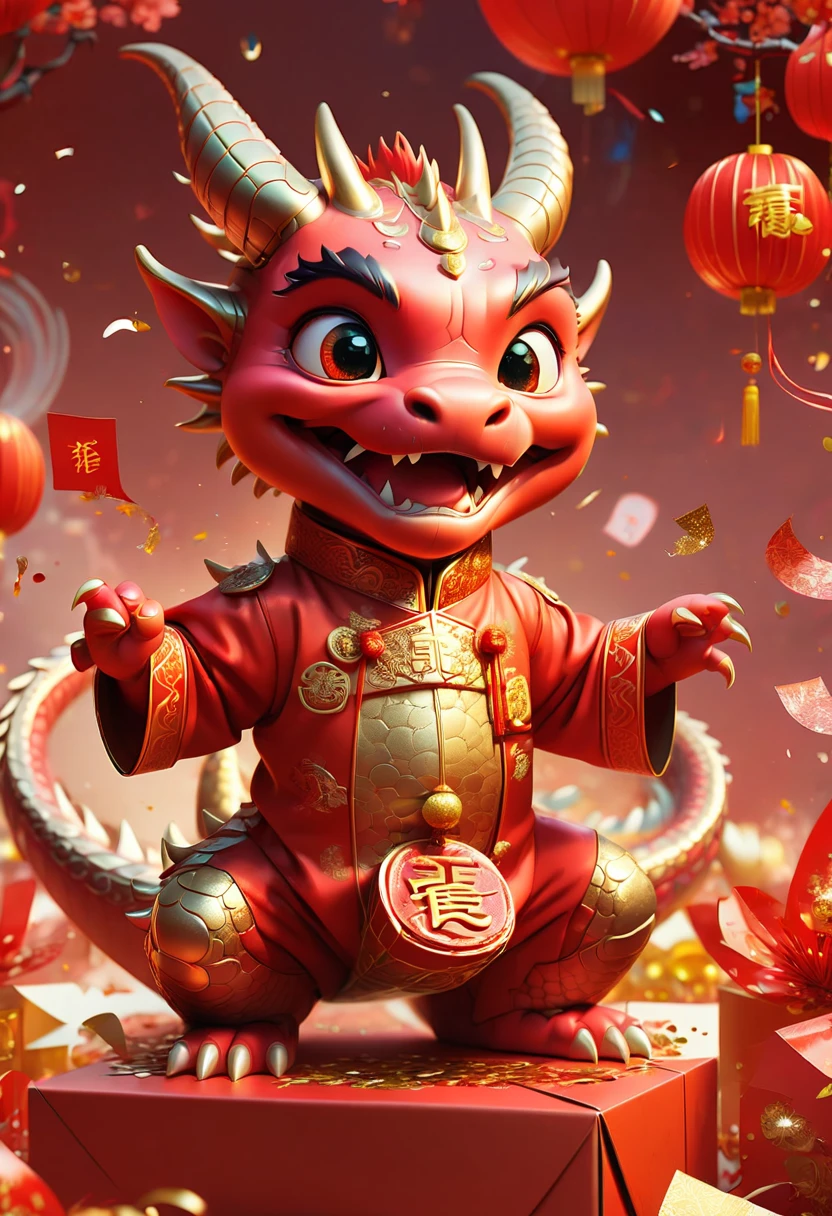 text "China", Chinese New Year "2024", dragon cub mascot, red clothes, Chinese bowing, box of gold, red envelopes, confetti, strong festive atmosphere, Chinese elements, fireworks, panoramic view, Ultra high saturation, (best quality, masterpiece, Representative work, official art, Professional, 8k)