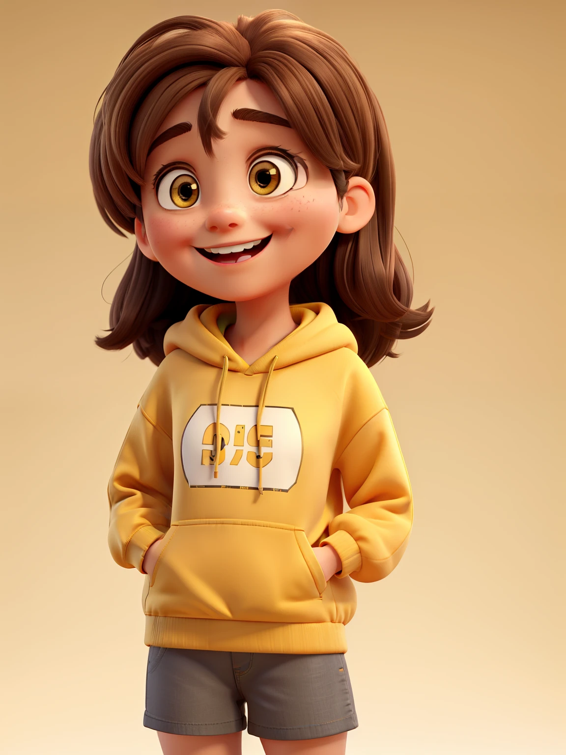 A laughing girl, big eyes, brown eyes, brown hairs, Yellow hoodie, gray backdrop, cute, hot, 3d