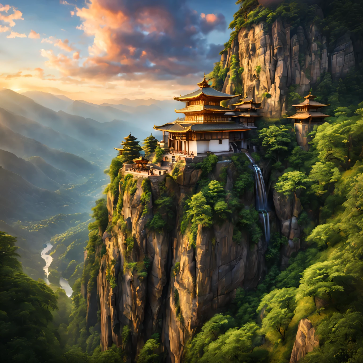 A beautiful hanging temple, beautiful view, grandiose buildings, peaceful atmosphere, Ancient and mysterious, Surrounded by lush green mountains, hanging precariously on a cliff, serenity and calm, Overlooking the stunning valley, Clouds float gently, Golden sunlight illuminates the temple, The breeze rustled the leaves, majestic, Embrace the harmony of nature, intricate details, bright colors, masterful brushstrokes, Capture the essence of tranquility, Surreal and dreamy, Blending past and present, Magical and charming scenery, Ethereal and otherworldly atmosphere, Hidden gem in the mountains, Proof of human ingenuity and spirituality, A place of pilgrimage and contemplation, Time stands still in this idyllic sanctuary, A feast for the eyes and soul. (best quality,4K,8k,high resolution,masterpiece:1.2),Super detailed,(actual,photoactual,photo-actual:1.37),human development report,ultra high definition,studio lighting,Ultra-fine painting,sharp focus,Physically based rendering,extremely detailed description,professional,bright colors,Bokeh,landscape