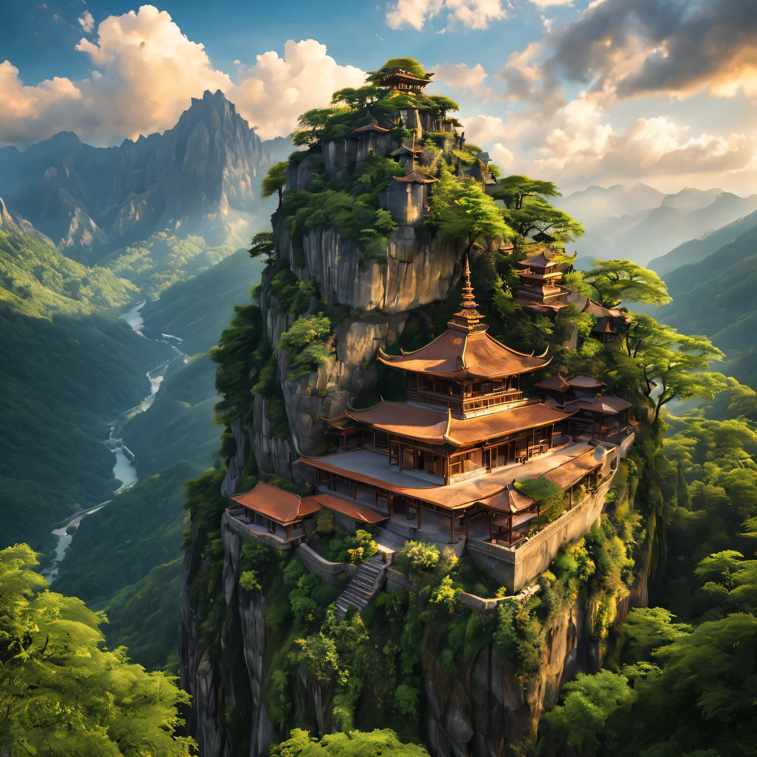 A beautiful hanging temple, beautiful view, grandiose buildings, peaceful atmosphere, Ancient and mysterious, Surrounded by lush green mountains, hanging precariously on a cliff, serenity and calm, Overlooking the stunning valley, Clouds float gently, Golden sunlight illuminates the temple, The breeze rustled the leaves, majestic, Embrace the harmony of nature, intricate details, bright colors, masterful brushstrokes, Capture the essence of tranquility, Surreal and dreamy, Blending past and present, Magical and charming scenery, Ethereal and otherworldly atmosphere, Hidden gem in the mountains, Proof of human ingenuity and spirituality, A place of pilgrimage and contemplation, Time stands still in this idyllic sanctuary, A feast for the eyes and soul. (best quality,4K,8k,high resolution,masterpiece:1.2),Super detailed,(actual,photoactual,photo-actual:1.37),human development report,ultra high definition,studio lighting,Ultra-fine painting,sharp focus,Physically based rendering,extremely detailed description,professional,bright colors,Bokeh,landscape