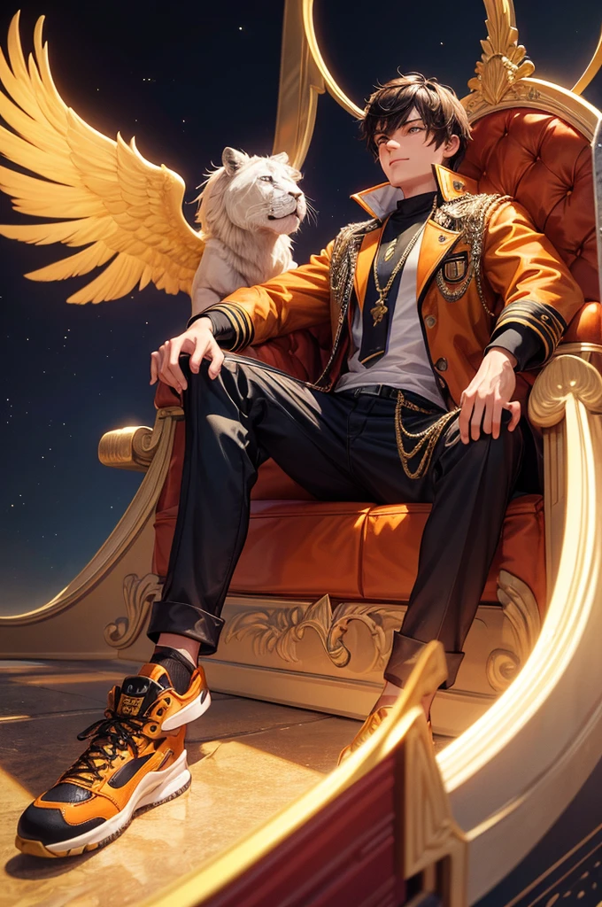 Create a 3D illustration for a profile picture where a 20 year old boy in a yellow jacket sitting casually on a King of Beast Throne chair. With a rifle on hand. and a ferocious Lion by my side. Wearing sneakers, He looks ahead. The background features " anil singh " in big and capital orange neon light fonts on the dark grey moon. There should not be his shadow, and there are read wings to make it appear as if he is an angel.