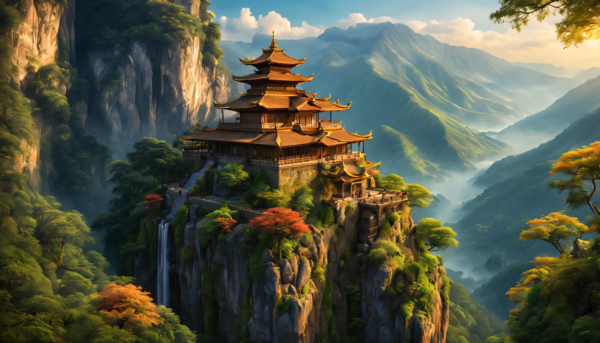 A beautiful hanging temple, beautiful view, grandiose buildings, peaceful atmosphere, Ancient and mysterious, Surrounded by lush green mountains, hanging precariously on a cliff, serenity and calm, Overlooking the stunning valley, Clouds float gently, Golden sunlight illuminates the temple, The breeze rustled the leaves, majestic, Embrace the harmony of nature, intricate details, bright colors, masterful brushstrokes, Capture the essence of tranquility, Surreal and dreamy, Blending past and present, Magical and charming scenery, Ethereal and otherworldly atmosphere, Hidden gem in the mountains, Proof of human ingenuity and spirituality, A place of pilgrimage and contemplation, Time stands still in this idyllic sanctuary, A feast for the eyes and soul. (best quality,4K,8k,high resolution,masterpiece:1.2),Super detailed,(actual,photoactual,photo-actual:1.37),human development report,ultra high definition,studio lighting,Ultra-fine painting,sharp focus,Physically based rendering,extremely detailed description,professional,bright colors,Bokeh,landscape