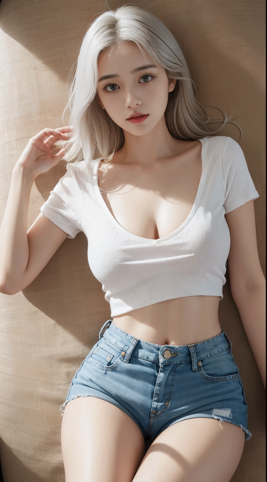 lifelike, a high resolution, 1 girl, short black hair, Korean, heterochromatic eyes, small mole under eyes, Loose white shirt, tight denim shorts, Big breasts, thigh, visible,Exposed cleavage